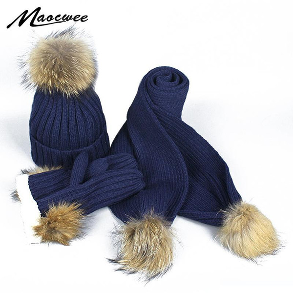 Three-piece Set Scarf Hat And Gloves Women Skullies Beanies PomPon Ball for Knitting Autumn And Winter Warm Striped Cap Fashion