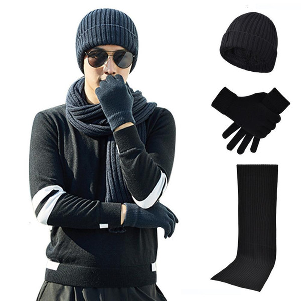 Men Winter Warm Knit Beanie Hat Infinity Scarf Touch Screen Gloves Set Thick Fleece Lined Winter Hat Scarf Glove Sets