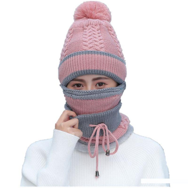 3 Pieces Plus Veet Thicken Winter Pink Women Scarf Knitted Hat Warm Masks Patchwork Female Bone Scarves Lady Winter Warm Sets