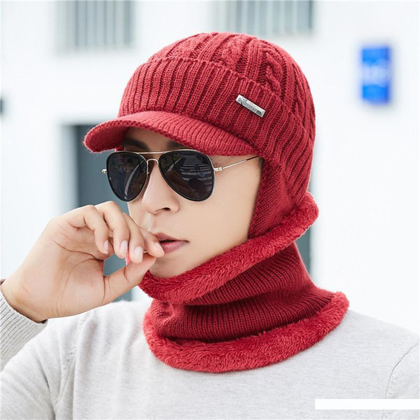 Winter men's earmuff warm hat scarf set plus velvet padded knit hat solid color twist duck tongue cap