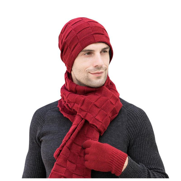 3pc Men's Autumn Scarf, Hat & Glove Sets Winter Hat Cap Plus Velvet Thick Knit Scarf Gloves Three-Piece szaliki i chusty