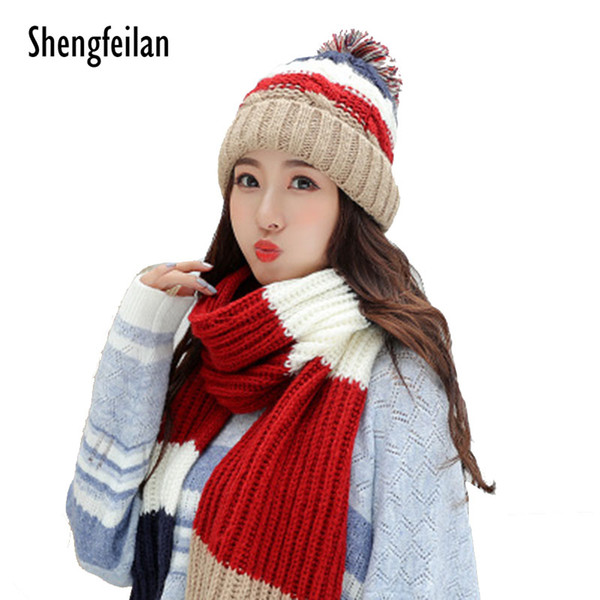 4 colorways Autumn Winter women strip acrylic knitted scarf & beret per set warm girl cotton scarf and hat Two-Piece Suit