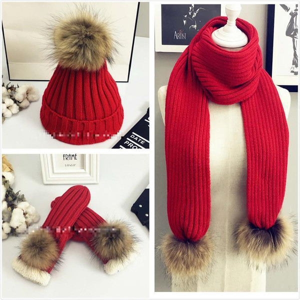 2018 Winter Knitted Hats And Scarf Women Knitted Wool Pom Pom Scarf Hat Gloves Three-piece Set Mens Fur Scarves Cap AHT124