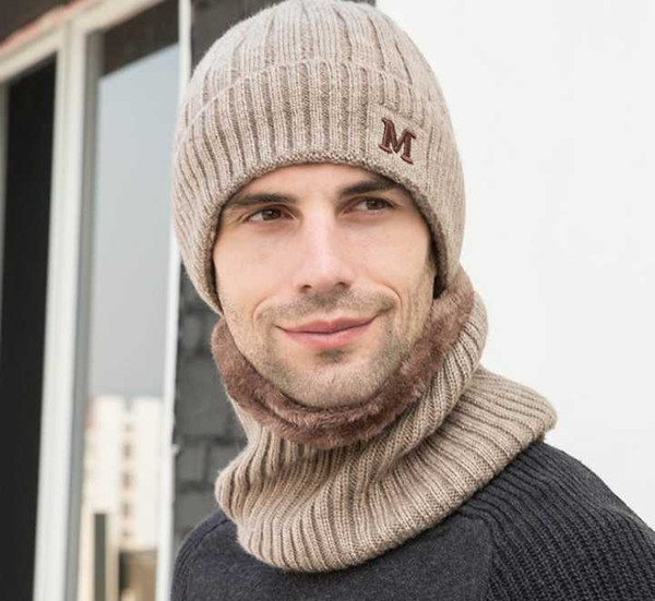 Dihope Hats Set Mens Winter Warm Solid Windbreak Thermal Knitted Scarf Woolen Hat Autumn And Winter 2 Pieces Warm Thicken Hat