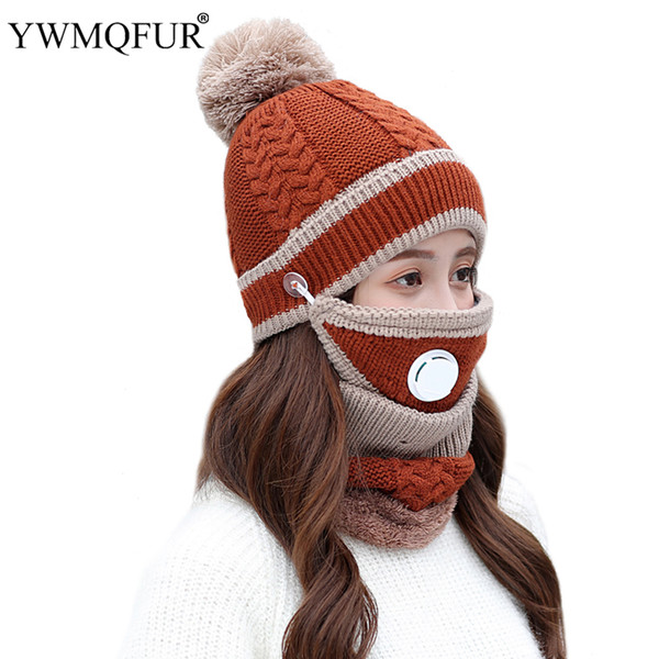 2018 New Winter Classic Hat Scarf Mask Sets For Women Vintage Knit Lady Beanies Caps Girl Outdoor Warm Mask Female Rings Scarves