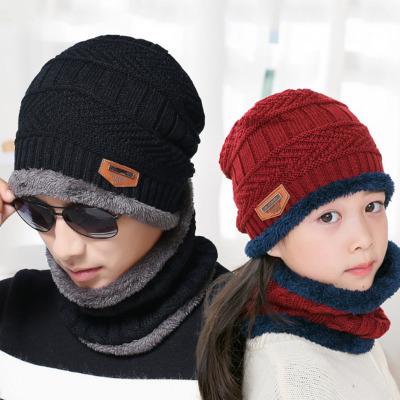 Parents kids hat Autumn and winter warm Autumn and winter plus velvet hat male knitted hat scarf two-piece winter ear protection parent-chil