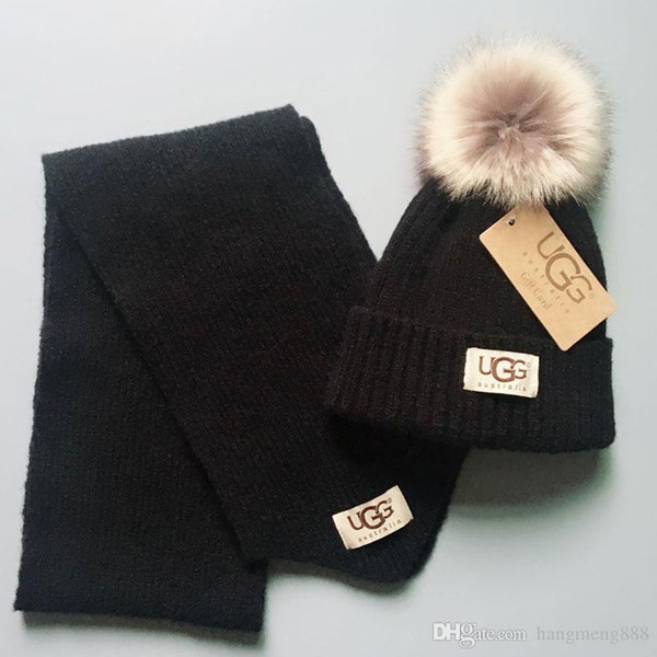 2019 kids winter hat and scarf sets infant baby knitted beanies hats caps + fur pom poms scarves childrens wool crochet bonnets wholesale