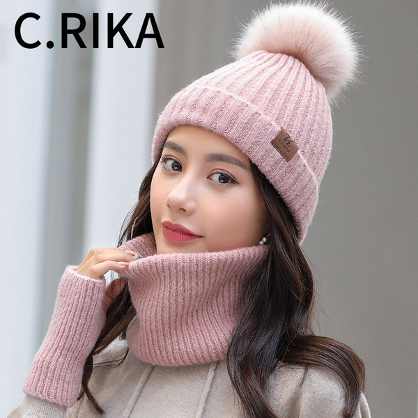 2019 Winter Hat and Scarf Set for Women Solid Thick Warm Female Girls Fashion Hat Scarf Glove Set Outdoor Ski Cap Beanie Bonnet