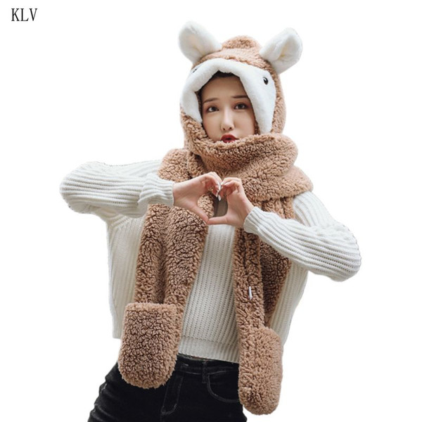 Fashion-Unisex Adult Cartoon 3 in 1 Hat Gloves Scarf Animal Pattern Hoodie Earflap Cap