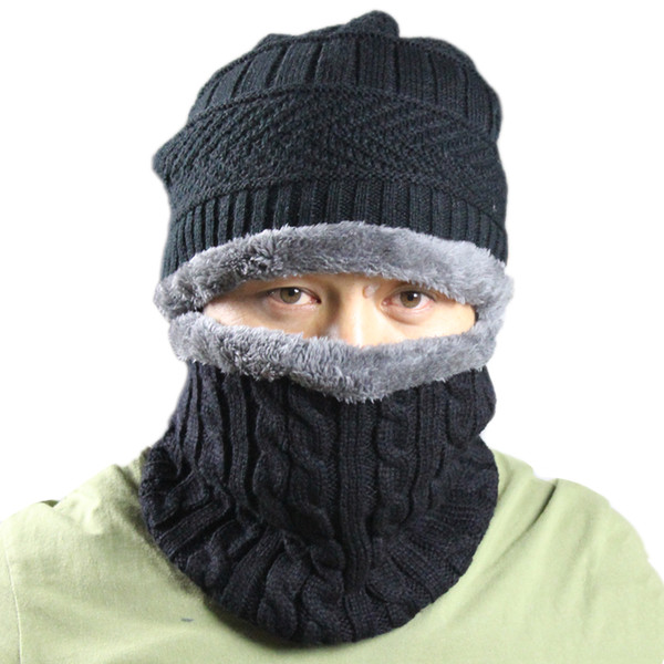 Mens Winter Knitted Fleece Outdoor Sports Ski Snowboarding Balaclava Baggy Beanie Skull Hat Caps with Face Mask Hood Neck Warmer Two Pieces