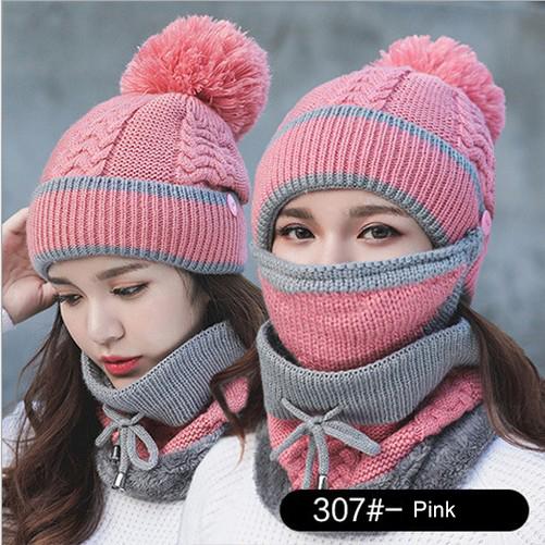 3 In 1 Designer Scarf Hats Scarves Fleece Lined Knit Beanie Scarf Mouth Mask Set for Girl and Women Winter Ski Hat with Pompom