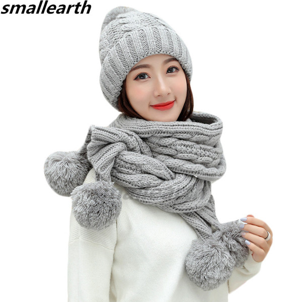 2 Pieces Set New Winter Pompom Hat And Scarf Set For Women Girls Cotton Warm Caps Female Winter Casual Solid Color Knitted Hats