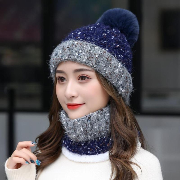 2019 Warm Beanies Hat For Girl Ring Scarf Pompoms Winter Hats Knitted Caps Scarf 2 Pieces Fashion Winter Hat Set For Women