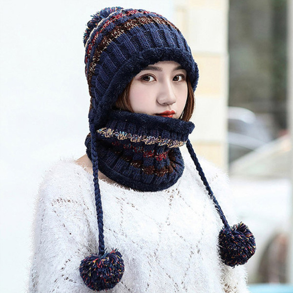 Winter knit Hats Scarf sets for women girls cute fur Warm Thick Windproof ring scarves beanies Knitted Caps with pompom 2pcs red