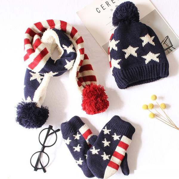Winter Children Pompom Knit Beanies Hat Scarf Gloves 3 Pieces Set Boy Girl Soft Cap Scarves Baby Wool Kids Bone Stars Printed