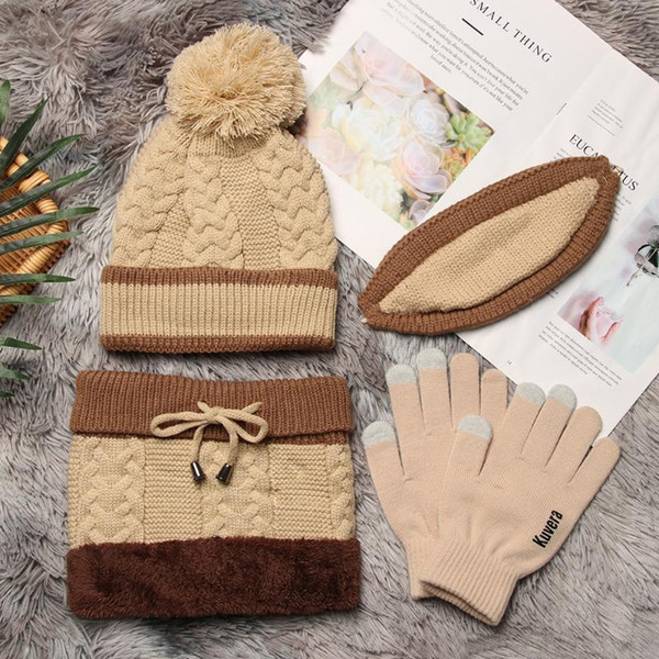 1PC New Fashion Autumn Winter Hat Scarf Gloves Set Warm Knitted Cotton Caps Beanies Touch Screen Gloves 4 in 1 for Women Outdoor