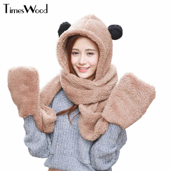 2017 Winter Warm Scarf And Hat Sets Woman Parent Child Hats Cute Bear Ear Cotton Caps Scarf Gloves Set Youth Telefingers Gloves