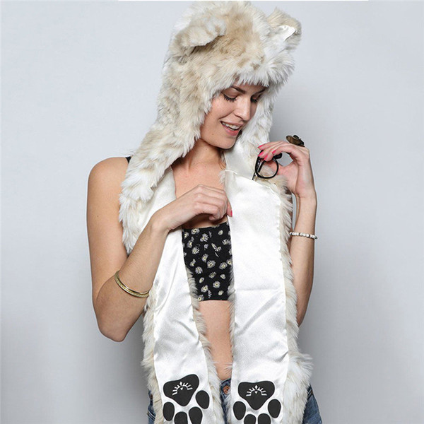 Multifunction Scarf Women Winter Animal Wolf Cat Ear Hat Beanies with Mittens Gloves Fuzzy Fluffy Plush Beanie #40