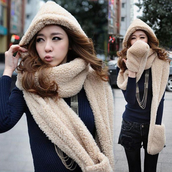 155CM*15CM Women Winter Warm Soft Plush Hooded Cap Hat Scarves Scarf Gloves