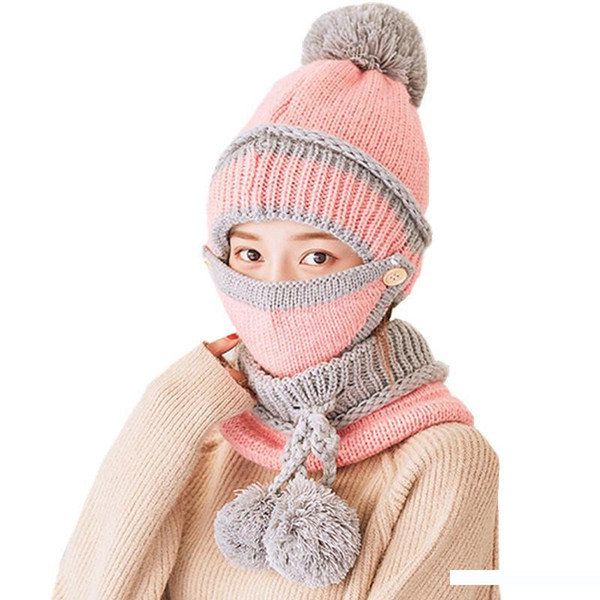 New 2017 Winter Warm Women Knitted Scarf and Hat Set Women Neckerchief Fur Ball Snowflake Thick Female Gorro