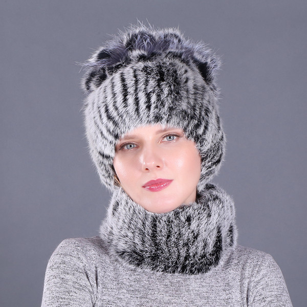 Newest Elastic Knitted Fur Beanies And Collars with Pomom Genuine Fur Winter lady Cap Real Hat & Scarf