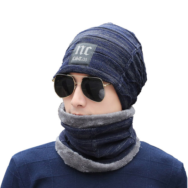 letter knitted wool plus velvet head cap neck two-piece winter men boys outdoor hat scarf set