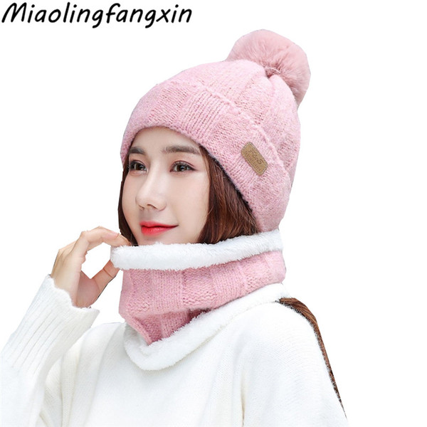 Knitted Wool Warm Hat and Scarf Set Women Two Pieces Plush Cap Neckerchief Sets Winter Collar Scarves and Hats