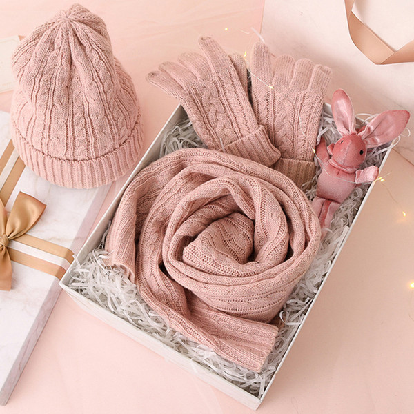 3PC Knitted Hat Scarf Glove Sets For Women's Winter Warm Wool Twist Cap Gorros Bonnet Solid Headband Knit Scarf New Year's Gift