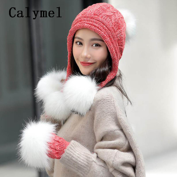 Calymel New Large Hairball Knitted Wool Hat Ladies Autumn And Winter Warm Hat Gloves Set Plus Velvet Thick Set