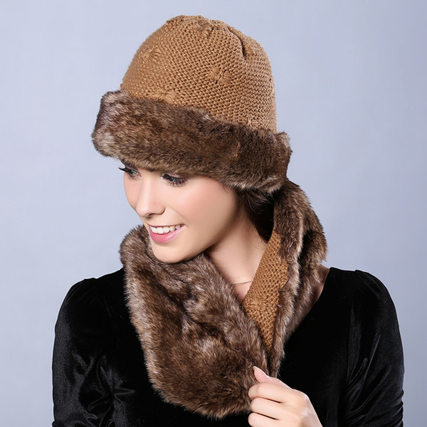 Wholesale-Faux Fur Women Winter Hats with Infinity Scarf Solid Color Skullies & Beanies Two Sides Available Bow-ties Knit Female Cap