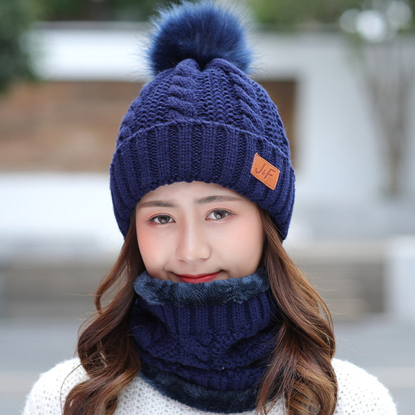 Women's Winter hat and Scarf Set Thicken Cotton Skullies Beains Hat Winter Warm Ring Scarf Female Hats for Girls Pom Poms