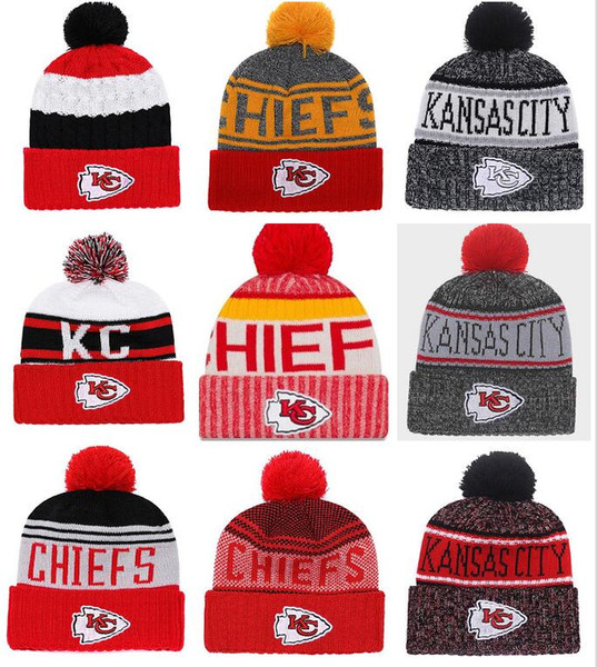 Wholesale New Pom Poms Men Women Winter Hats Sports KC Chiefs Beanies Fashion Knitting Hat Embroidered Logo Brand Thick Female Warm Caps