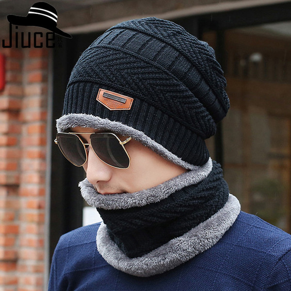 2017 Top Quality Winter Plus Velvet Cap Men's Hat Scarf Two Piece Set Leather Hat Knitted Hat Helmet Arrow