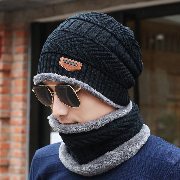 wholesale popular hat neck warmer set high quality acrylic solid fur men beanie thick knit winter snow ski skull cap hats scarf