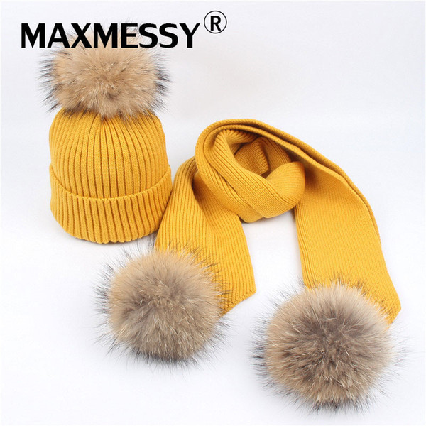 MAXMESSY Winter Wool Knitted Hats Scarf Set for Women Kid Three Raccoon Fur Pompom Fashion Warm Cap Beanies and Scarf Set MH131