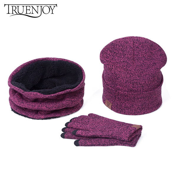 TRUENJOY Fashion Women Winter Hat Scarf Gloves A Set Of Thick Knitted Hat Scarf 3 Pieces/Set Female Male Beanie Scarves