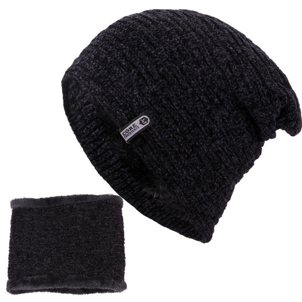 2018 New knitting Beanie Hat Scarf Men's Winter Plaid Plus Velvet Scarf Thicken Hedging Cap Scarves Warm Ski Bone