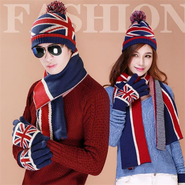 Autumn Winter Hats Scarf Glove Set Christmas Gift British Flag Keep Warm Man Woman Lovers Fashion Accessories 38ke bb