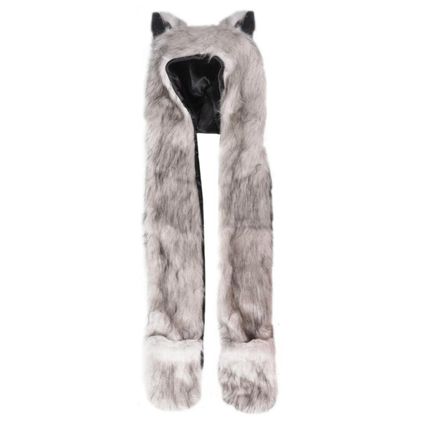 MOCH Winter Full Animal Hoodie Faux Fur Scarf Gloves Hat 3-in-1 Function White+ Gray