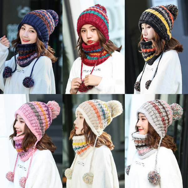 Fleece Lined Women Knit Beanie Scarf Set Girl Winter Ski Hat With Earflap Pompom New arrival Discount Promotion