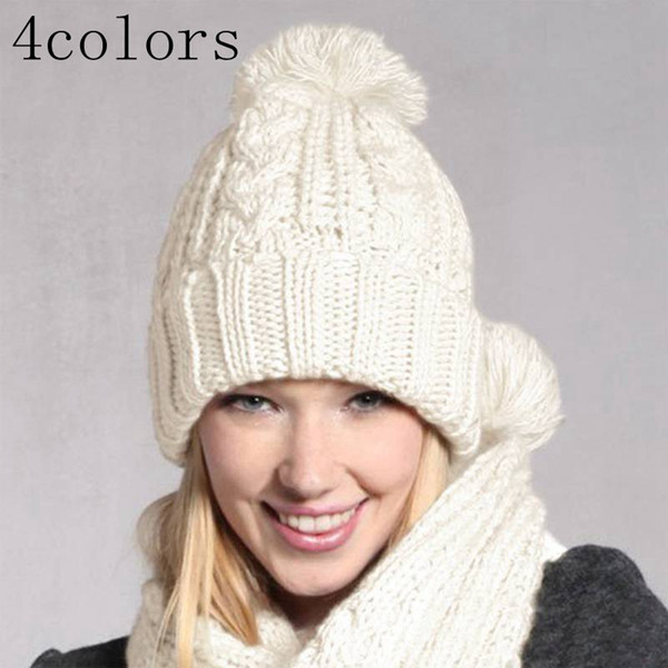 Fashion Women Knitted Winter Hats Scarves Sets Knitting Beanies Warm Skullies Cap Accessories Christmas Gift 4color choose freely