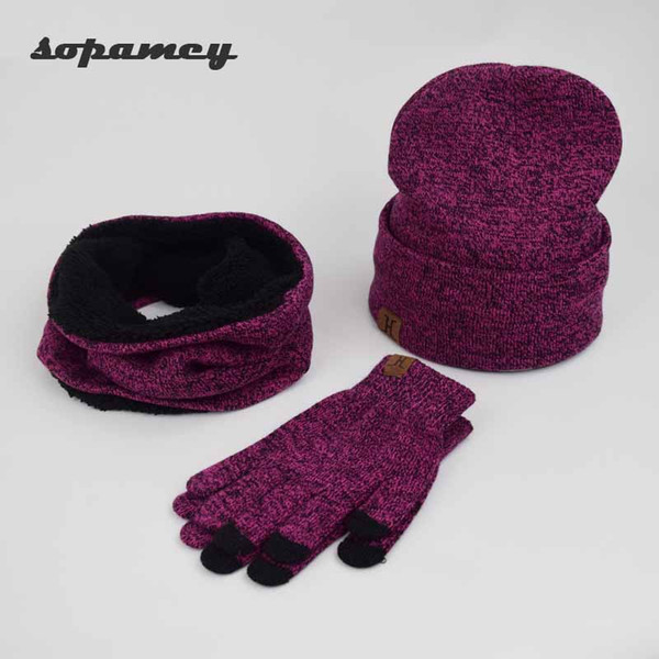 3 Pieces/set Men Women Winter Hats Scarves Gloves Cotton Knitted Hat Scarf Set For Male Female Winter Accessories Touch Screen