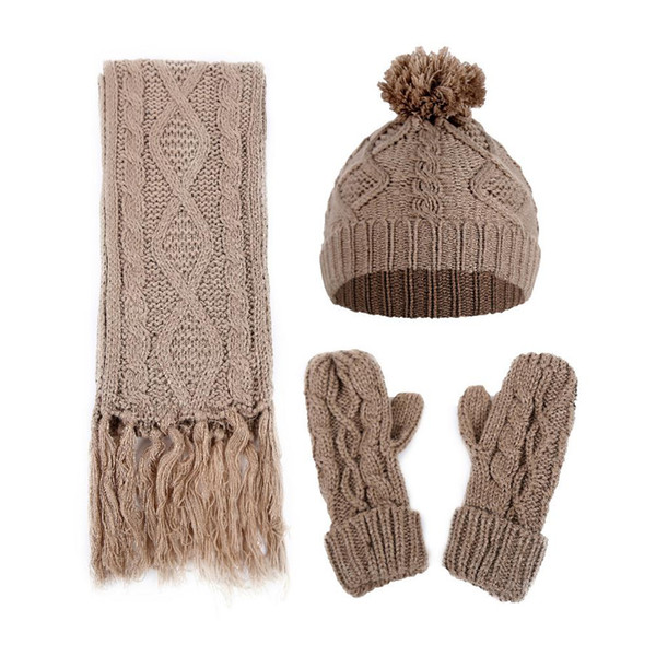 MISSKY 3PCS/Set Solid Color Women Twist Knitted Woolen Cap + Scarf + Gloves Knitted Hat Muffler Gloves Suit