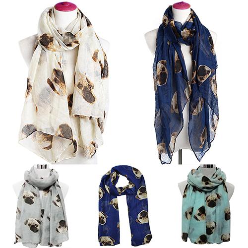 Wholesale-Women Fantastic Fashion Long Cute Pug Dog Print Voile Wraps Shawl Soft Scarf