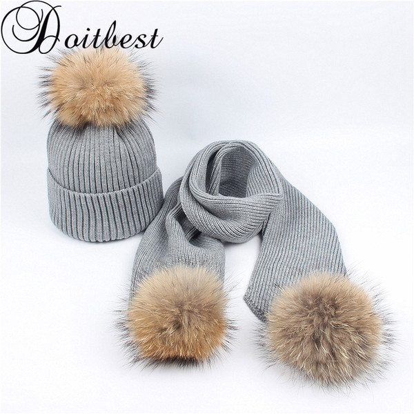 Doitbest Real racoon fur winter hat for women girls pompom hats Beanies knitted womens pom pom scarf hat set Parent-child beanie