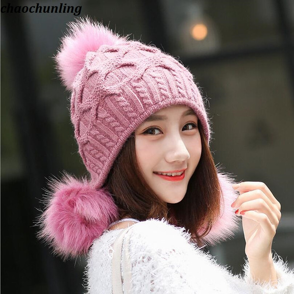 Korean Style 2018 New Winter Lady Super Warm Wool Balls Caps Lady Double Thickened Imitation Rabbit Hair Knitted Hats 6Colors