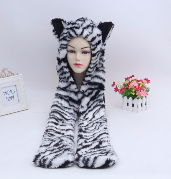 Europe and America Winter faux fur Hat Cartoon Animal hat scarf gloves Man &Women Winter Cap Set