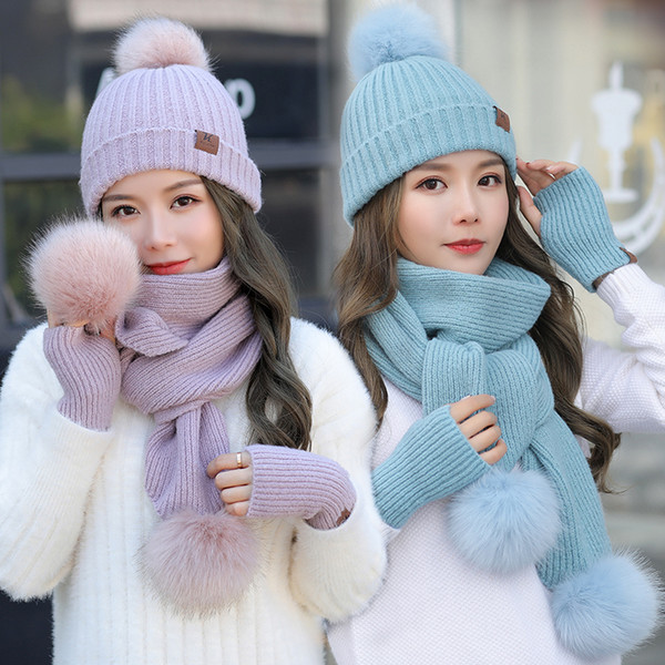 knitting hat scarf with three faux fur pom ball 2 pieces set women beanie winter 2018 fashion free shipping pink student