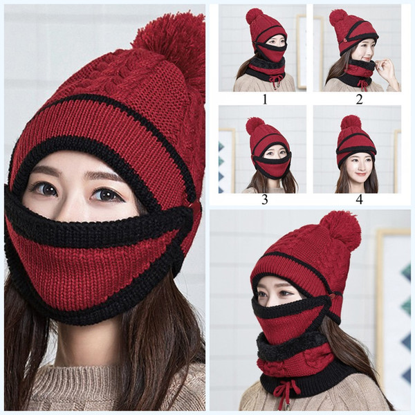 1PC Female Winter Beanies Knitted Thickened Hat with Warm Mask and Neck Scarf Driver Windstop Sets For Women Girls 4 Colors