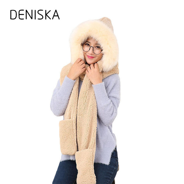 Winter Warm Women Hoodie Gloves Pocket Earflap Hat Long Scarf Shawl Snood Wraps Women Winter Gloves Hat Scarf